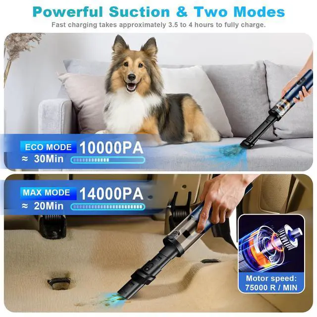 Alt view image 2 of 7 - Handheld Vacuum Cordless, Car Vacuum with 14000PA Powerful Suction with LED Light, Air Duster 2-in-1,Low Noise Rechargeable Portable Mini Vacuum Cleaner for Car Home Pet Office,Two Gears Blue