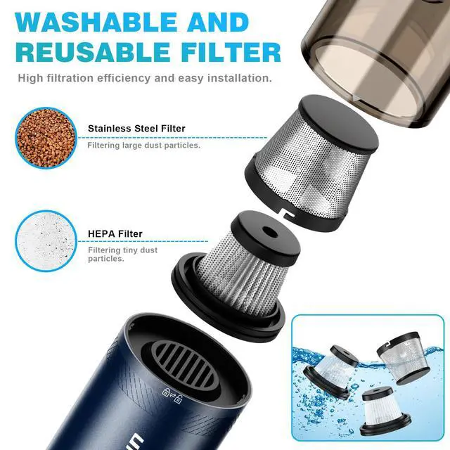 Alt view image 4 of 7 - Handheld Vacuum Cordless, Car Vacuum with 14000PA Powerful Suction with LED Light, Air Duster 2-in-1,Low Noise Rechargeable Portable Mini Vacuum Cleaner for Car Home Pet Office,Two Gears Blue