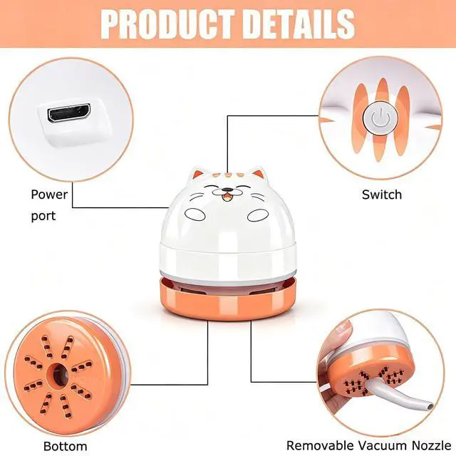 Alt view image 6 of 7 - Mini Desktop Vacuum Cleaner, Portable USB Vacuum Cleaner for Desk Mini Cute Cartoon Desktop Vacuum for Cleaning Eraser Crumbs, Dust, Crumbs, Computer, Keyboard and Car (White Orange)