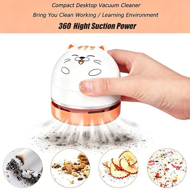 Alt view image 5 of 7 - Mini Desktop Vacuum Cleaner, Portable USB Vacuum Cleaner for Desk Mini Cute Cartoon Desktop Vacuum for Cleaning Eraser Crumbs, Dust, Crumbs, Computer, Keyboard and Car (White Orange)