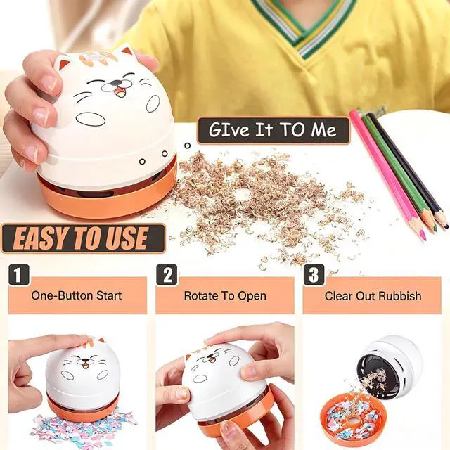 Alt view image 3 of 7 - Mini Desktop Vacuum Cleaner, Portable USB Vacuum Cleaner for Desk Mini Cute Cartoon Desktop Vacuum for Cleaning Eraser Crumbs, Dust, Crumbs, Computer, Keyboard and Car (White Orange)
