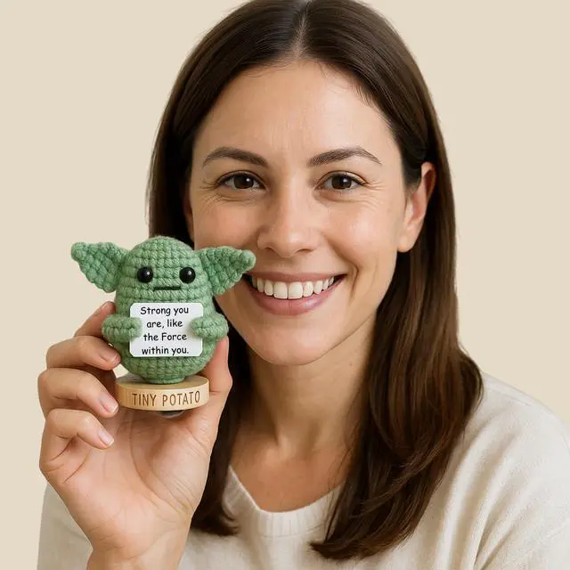 Alt view image 3 of 7 - Star Wars Gifts | Handmade Baby Yoda Positive Crochet W/ 30 Fun Affirmations | Gift for Birthday, Graduation | Starwars Birthday Present for Men, Women, Friend, Coworker | Star Wars Office Desk Decor