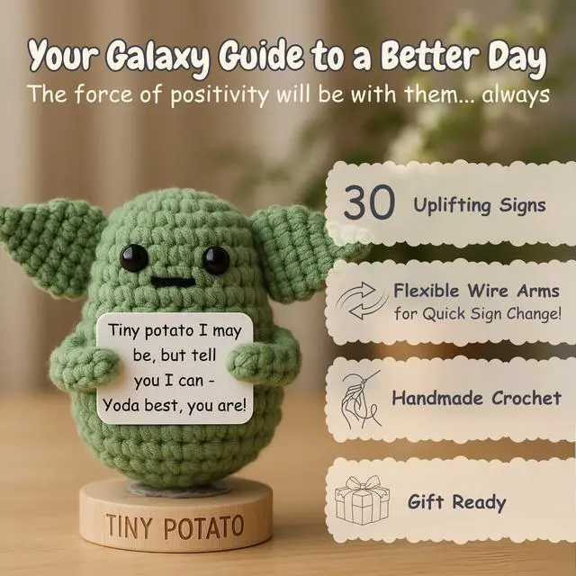 Alt view image 2 of 7 - Star Wars Gifts | Handmade Baby Yoda Positive Crochet W/ 30 Fun Affirmations | Gift for Birthday, Graduation | Starwars Birthday Present for Men, Women, Friend, Coworker | Star Wars Office Desk Decor