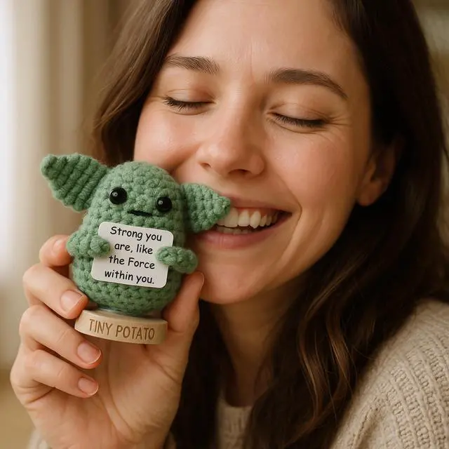 Alt view image 7 of 7 - Star Wars Gifts | Handmade Baby Yoda Positive Crochet W/ 30 Fun Affirmations | Gift for Birthday, Graduation | Starwars Birthday Present for Men, Women, Friend, Coworker | Star Wars Office Desk Decor
