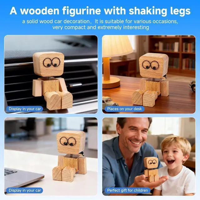 Alt view image 2 of 6 - Shaking Wooden Man Figurine - 12PCS Magnetic Changeable Faces, Handmade Spring Legs Wobbly Doll for Car Dashboard & Office Desk Decor, Funny Kinetic Desktop Ornament Creative Gift