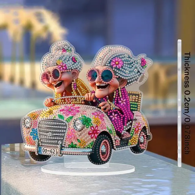 Alt view image 3 of 7 - DIY 5D Tabletop Diamond Art Painting KitDouble Sided Desktop Ornament Special Shaped Rhinestone Desk Placement OrnamentHome Stand Up Gem Painting Craft Kit (Driving Grandma)