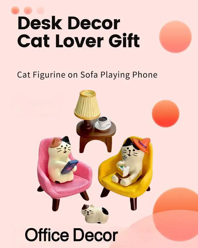 Alt view image 2 of 6 - Miniature Cat Figurines Set 6-Piece Resin Desk Decor with Sofa & Lamp,Cat Statues for Office Shelf Home, Gift for Cat Lovers (CAT)