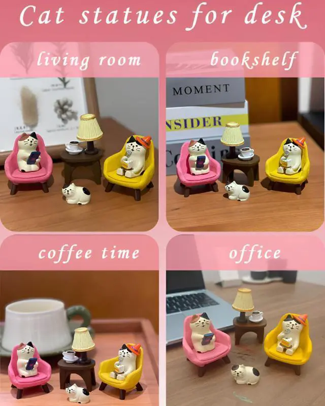 Alt view image 5 of 6 - Miniature Cat Figurines Set 6-Piece Resin Desk Decor with Sofa & Lamp,Cat Statues for Office Shelf Home, Gift for Cat Lovers (CAT)