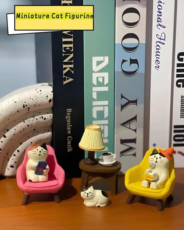Alt view image 3 of 6 - Miniature Cat Figurines Set 6-Piece Resin Desk Decor with Sofa & Lamp,Cat Statues for Office Shelf Home, Gift for Cat Lovers (CAT)