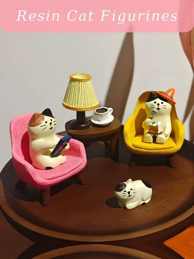 Alt view image 4 of 6 - Miniature Cat Figurines Set 6-Piece Resin Desk Decor with Sofa & Lamp,Cat Statues for Office Shelf Home, Gift for Cat Lovers (CAT)