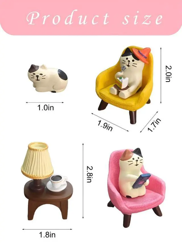 Alt view image 6 of 6 - Miniature Cat Figurines Set 6-Piece Resin Desk Decor with Sofa & Lamp,Cat Statues for Office Shelf Home, Gift for Cat Lovers (CAT)