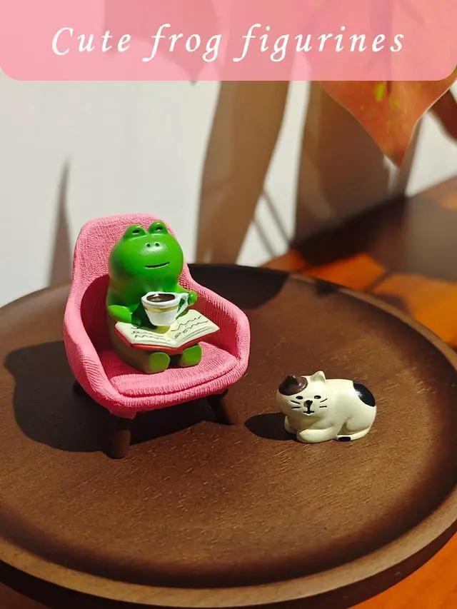 Alt view image 2 of 6 - Miniature Frog Figurines Set, Cute Resin Desk Decor with Pink Chair and Sleepy Cat, Small Shelf Decoration for Office Home Workspace, Gifts for Women Teachers Coworkers Frog Lovers