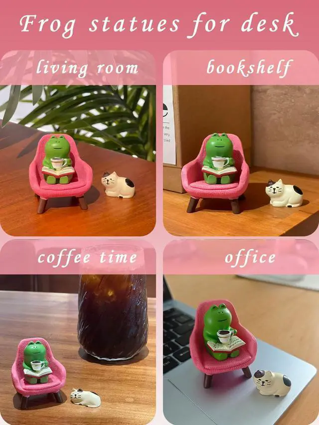 Alt view image 3 of 6 - Miniature Frog Figurines Set, Cute Resin Desk Decor with Pink Chair and Sleepy Cat, Small Shelf Decoration for Office Home Workspace, Gifts for Women Teachers Coworkers Frog Lovers