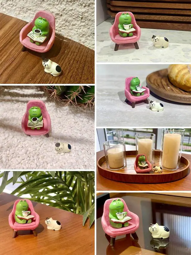 Alt view image 4 of 6 - Miniature Frog Figurines Set, Cute Resin Desk Decor with Pink Chair and Sleepy Cat, Small Shelf Decoration for Office Home Workspace, Gifts for Women Teachers Coworkers Frog Lovers