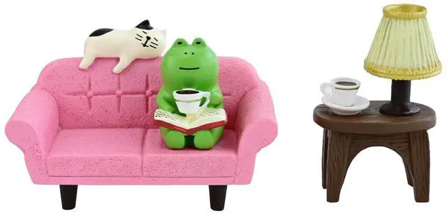 Main image of Cute Mini Frog Figurine with Small Sofa and Lamp Table Resin Figure for Office Home Decor for Frog Lovers (Pink Sofa)