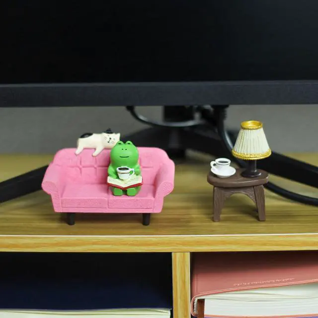 Alt view image 3 of 6 - Cute Mini Frog Figurine with Small Sofa and Lamp Table Resin Figure for Office Home Decor for Frog Lovers (Pink Sofa)