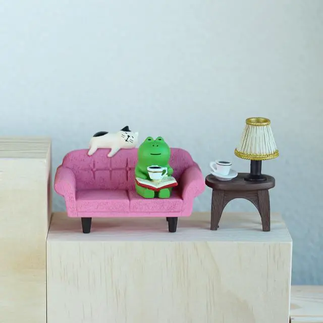 Alt view image 4 of 6 - Cute Mini Frog Figurine with Small Sofa and Lamp Table Resin Figure for Office Home Decor for Frog Lovers (Pink Sofa)