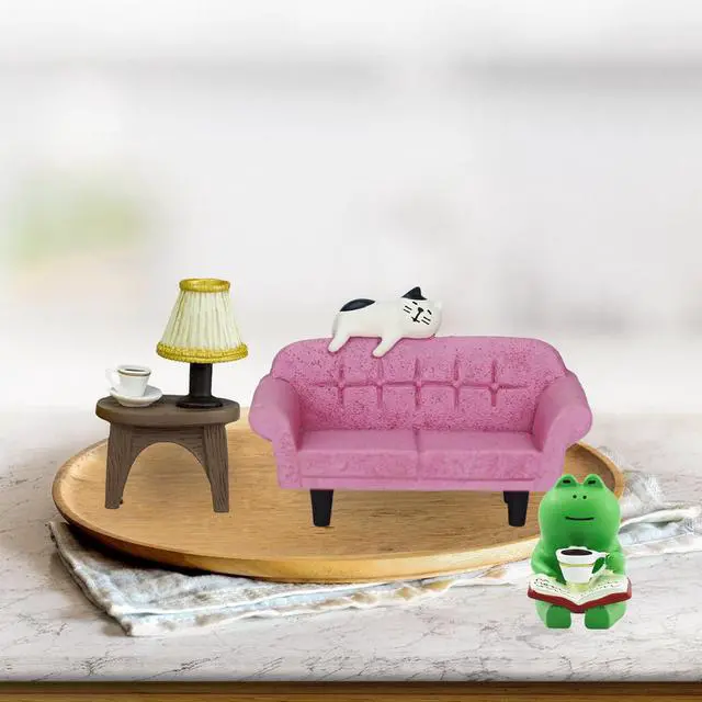 Alt view image 5 of 6 - Cute Mini Frog Figurine with Small Sofa and Lamp Table Resin Figure for Office Home Decor for Frog Lovers (Pink Sofa)
