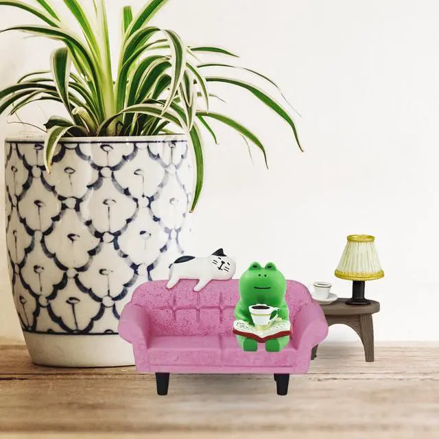 Alt view image 6 of 6 - Cute Mini Frog Figurine with Small Sofa and Lamp Table Resin Figure for Office Home Decor for Frog Lovers (Pink Sofa)