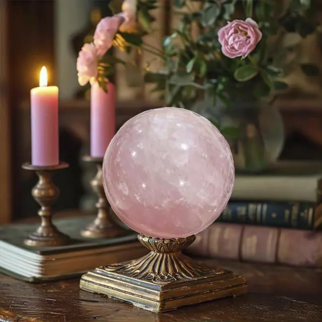 Alt view image 4 of 7 - 1.6-2 inch Natural Pink Crystal Ball with Stand, Hand Polished Rose Quartz Gemstone Sphere, Reiki Healing Energy Stone, Feng Shui Home Desktop Ornament, Spiritual Meditation Decorative Gift