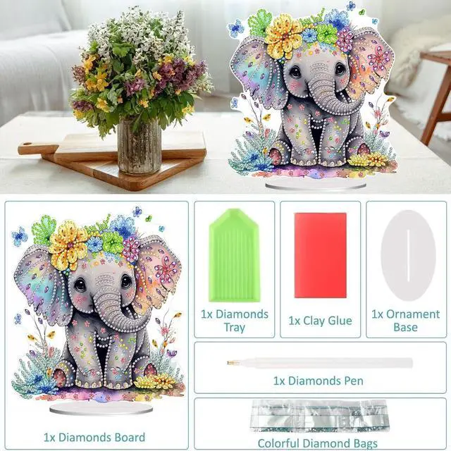 Alt view image 3 of 7 - Diamond Painting Kits for Adults Beginners, 5D Full Drill Elephant Crystal Art Desktop Ornament, DIY Single Sided Home Office Desk Decor, Creative Craft Gift Set with Tools