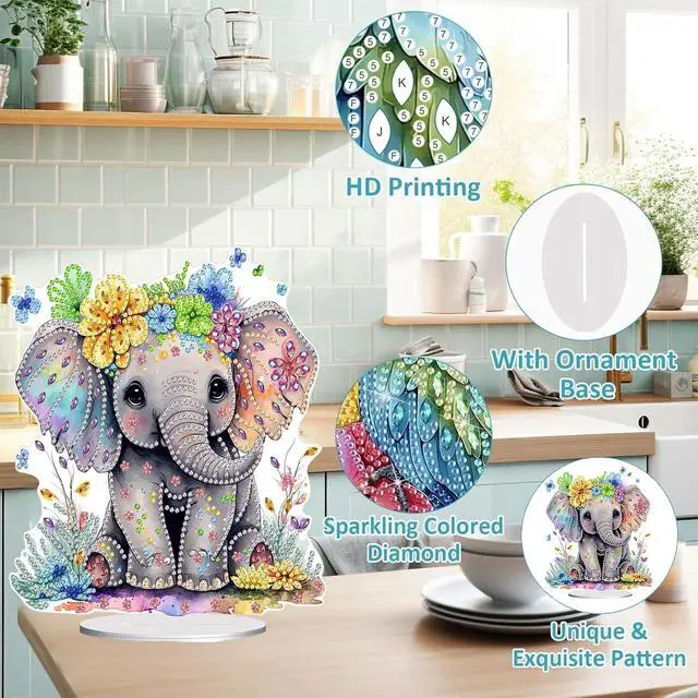 Alt view image 5 of 7 - Diamond Painting Kits for Adults Beginners, 5D Full Drill Elephant Crystal Art Desktop Ornament, DIY Single Sided Home Office Desk Decor, Creative Craft Gift Set with Tools