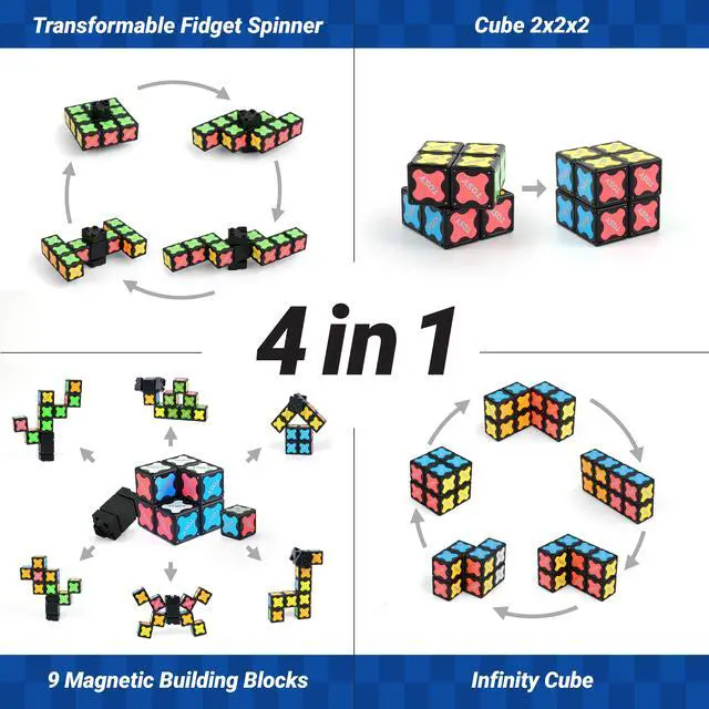 Alt view image 3 of 7 - Magnet Fidget Spinner Mini - 8 Blocks, 3 in 1 Toy: Transformable Fidget Spinner, Infinity Cube, 2x2 Puzzle Cube, Easter Basket Stuffers for Kids/Adults, STEM Sensory Stress Relief Toy