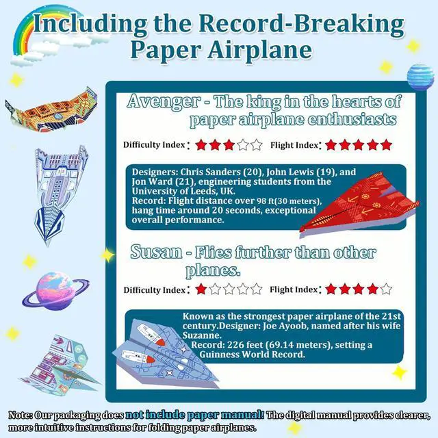 Alt view image 2 of 7 - Paper Airplane Kits with 16 Classic Designs, 32 Sheets of Colorful Origami Paper, World Record Paper Planes, Craft Kit for Kids, Airplane Gifts for Boys and Girls Ages 6-12+ (Digital Manual Only)
