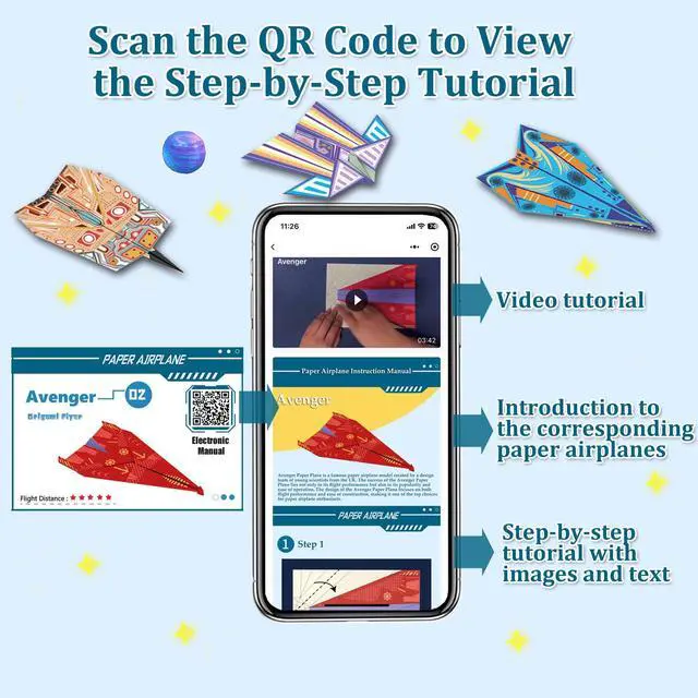 Alt view image 4 of 7 - Paper Airplane Kits with 16 Classic Designs, 32 Sheets of Colorful Origami Paper, World Record Paper Planes, Craft Kit for Kids, Airplane Gifts for Boys and Girls Ages 6-12+ (Digital Manual Only)