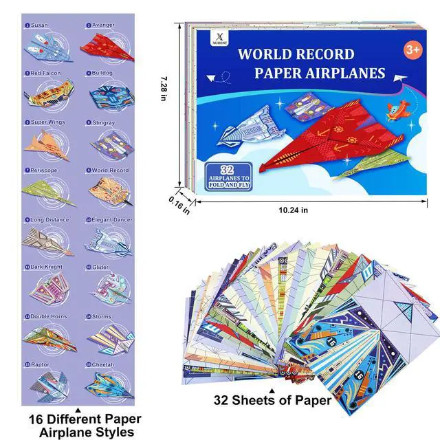 Alt view image 7 of 7 - Paper Airplane Kits with 16 Classic Designs, 32 Sheets of Colorful Origami Paper, World Record Paper Planes, Craft Kit for Kids, Airplane Gifts for Boys and Girls Ages 6-12+ (Digital Manual Only)