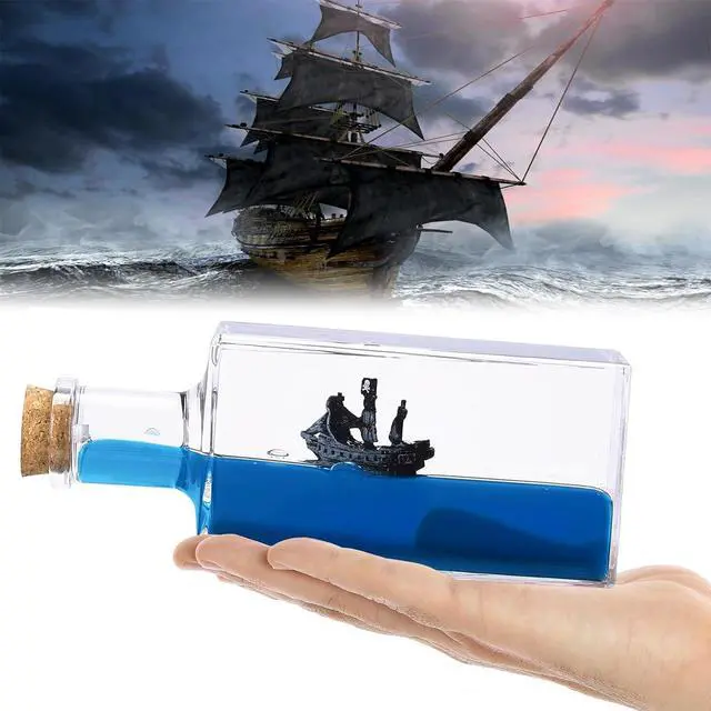 Alt view image 2 of 3 - Unsinkable Black Pearl Pirate Ship in a Bottle - Ghost Ship in Ocean Wave Desk Decor for Home Office Decors, Unique Birthday Gifts for Men & Pirate Lovers, Liquid Motion Art Desktop Ornament (Black-e)