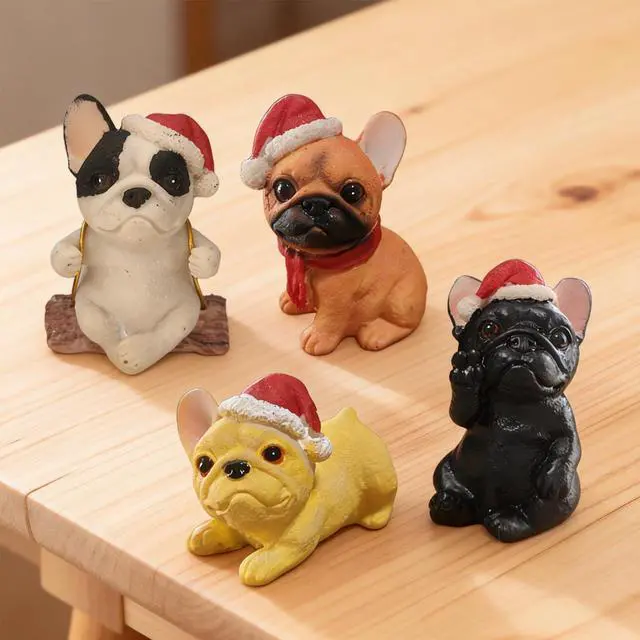 Main image of 4 Pack Bulldog Figurines, Christmas Hat Bulldog Statue Home Office Decor Resin Small Dog Sculpture Fairy Garden Decor Collectible Art Crafts Centerpieces Desktop Ornaments Decoration Gift
