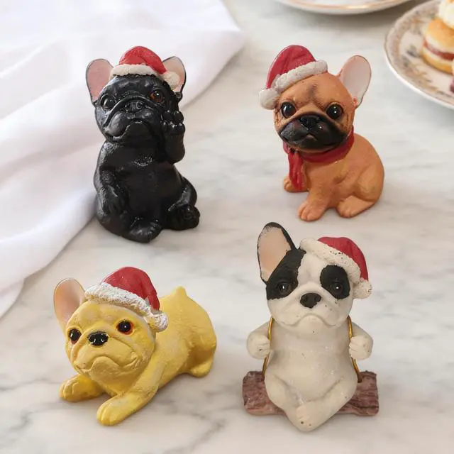 Alt view image 2 of 7 - 4 Pack Bulldog Figurines, Christmas Hat Bulldog Statue Home Office Decor Resin Small Dog Sculpture Fairy Garden Decor Collectible Art Crafts Centerpieces Desktop Ornaments Decoration Gift