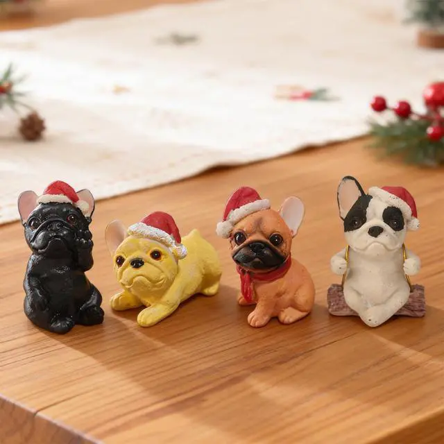 Alt view image 3 of 7 - 4 Pack Bulldog Figurines, Christmas Hat Bulldog Statue Home Office Decor Resin Small Dog Sculpture Fairy Garden Decor Collectible Art Crafts Centerpieces Desktop Ornaments Decoration Gift