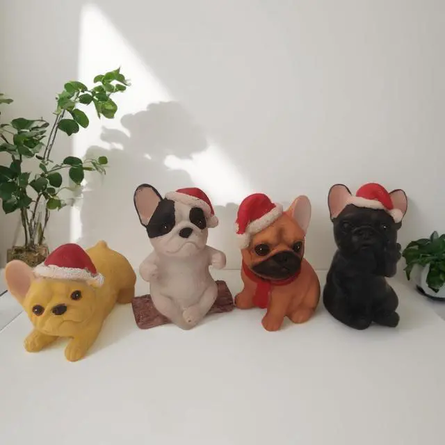 Alt view image 4 of 7 - 4 Pack Bulldog Figurines, Christmas Hat Bulldog Statue Home Office Decor Resin Small Dog Sculpture Fairy Garden Decor Collectible Art Crafts Centerpieces Desktop Ornaments Decoration Gift