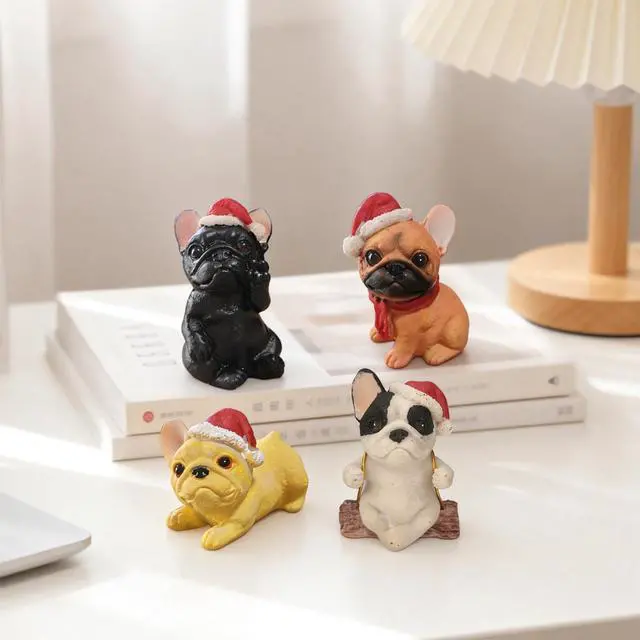 Alt view image 6 of 7 - 4 Pack Bulldog Figurines, Christmas Hat Bulldog Statue Home Office Decor Resin Small Dog Sculpture Fairy Garden Decor Collectible Art Crafts Centerpieces Desktop Ornaments Decoration Gift
