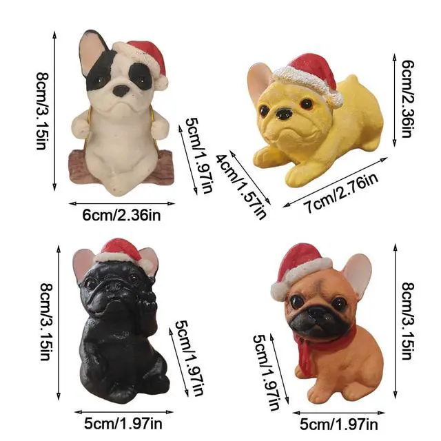 Alt view image 7 of 7 - 4 Pack Bulldog Figurines, Christmas Hat Bulldog Statue Home Office Decor Resin Small Dog Sculpture Fairy Garden Decor Collectible Art Crafts Centerpieces Desktop Ornaments Decoration Gift
