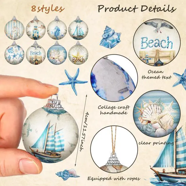 Alt view image 2 of 6 - 16 Pcs Summer Beach Ornaments Ball Ocean Beach Decorations for Tree Coastal Nautical Navigation Seashell Hanging Ornaments Xmas Decorations for Home Small Tree Fireplace Holiday Party Favors
