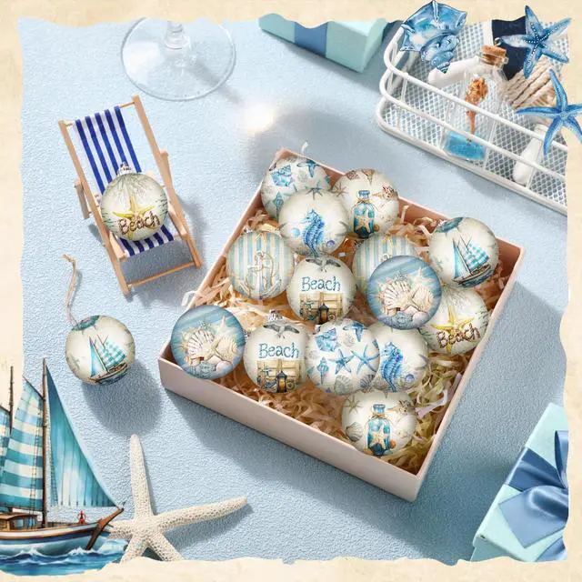 Alt view image 3 of 6 - 16 Pcs Summer Beach Ornaments Ball Ocean Beach Decorations for Tree Coastal Nautical Navigation Seashell Hanging Ornaments Xmas Decorations for Home Small Tree Fireplace Holiday Party Favors