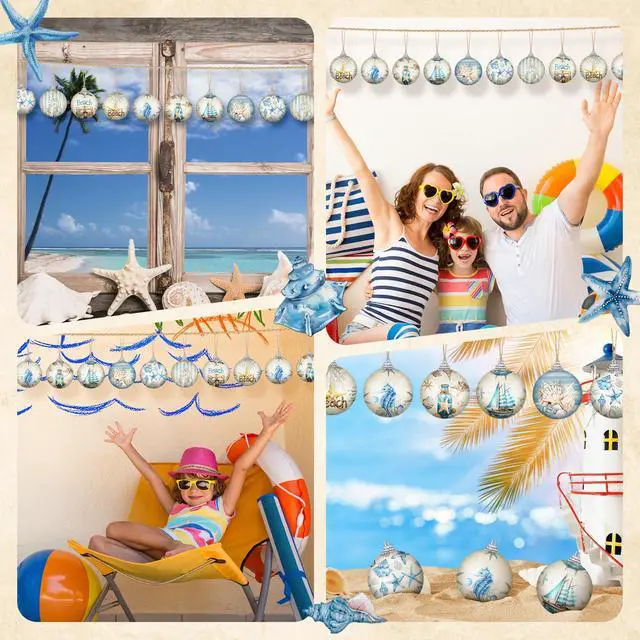 Alt view image 5 of 6 - 16 Pcs Summer Beach Ornaments Ball Ocean Beach Decorations for Tree Coastal Nautical Navigation Seashell Hanging Ornaments Xmas Decorations for Home Small Tree Fireplace Holiday Party Favors