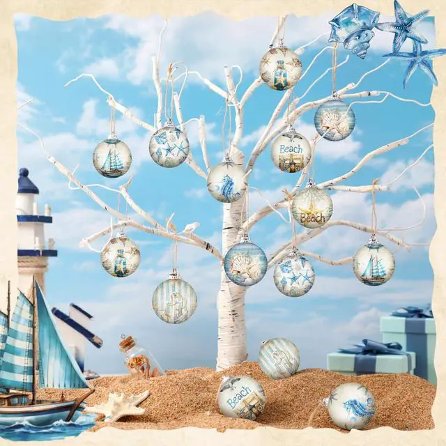 Alt view image 6 of 6 - 16 Pcs Summer Beach Ornaments Ball Ocean Beach Decorations for Tree Coastal Nautical Navigation Seashell Hanging Ornaments Xmas Decorations for Home Small Tree Fireplace Holiday Party Favors