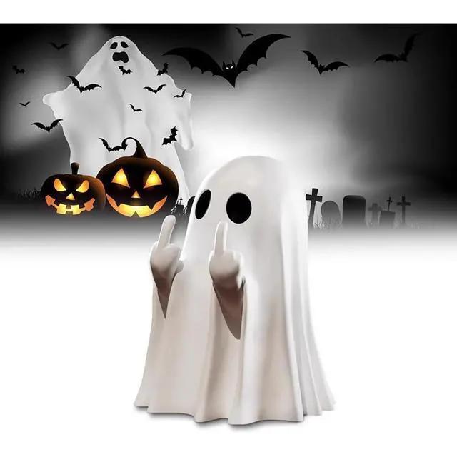 Alt view image 2 of 7 - Halloween Ghost Figurine Funny Spooky Middle Finger Statue Halloween Table Decorations Cartoon Cute Resin Holiday Desktop Ornament Decor for Holiday Indoor Home Decor Gifts