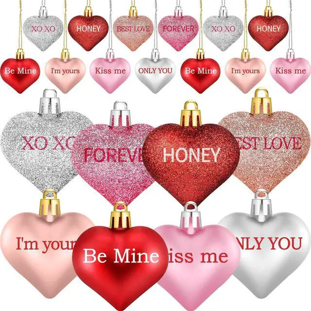 Main image of 48 Pcs Valentine's Day Heart Ornaments for Tree, Valentines Heart Baubles with Sweet Love Words for Romantic Valentine Decorations, 8 Styles