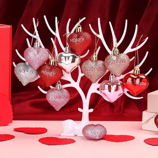 Alt view image 2 of 7 - 48 Pcs Valentine's Day Heart Ornaments for Tree, Valentines Heart Baubles with Sweet Love Words for Romantic Valentine Decorations, 8 Styles