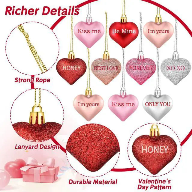 Alt view image 5 of 7 - 48 Pcs Valentine's Day Heart Ornaments for Tree, Valentines Heart Baubles with Sweet Love Words for Romantic Valentine Decorations, 8 Styles