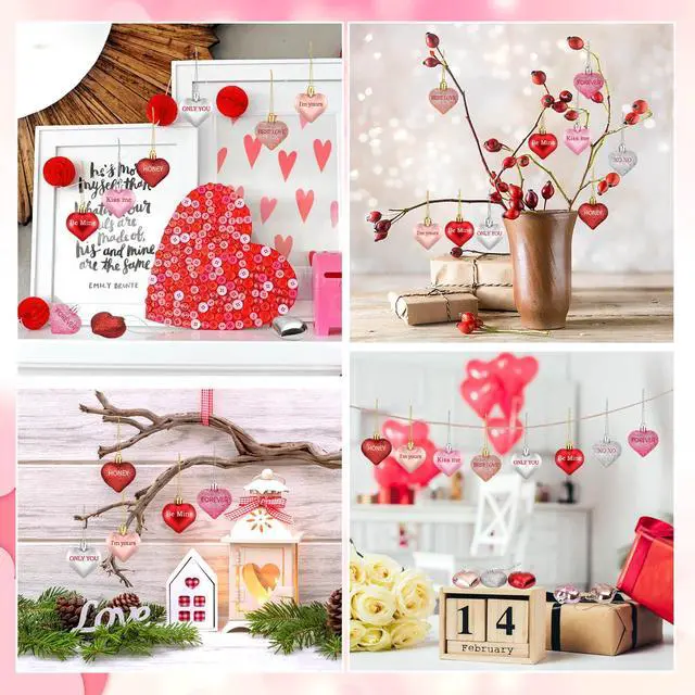 Alt view image 7 of 7 - 48 Pcs Valentine's Day Heart Ornaments for Tree, Valentines Heart Baubles with Sweet Love Words for Romantic Valentine Decorations, 8 Styles