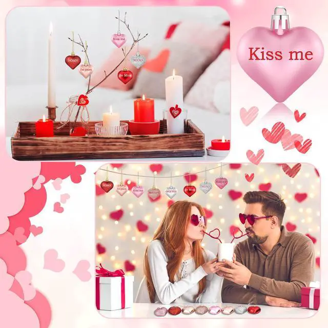 Alt view image 6 of 7 - 48 Pcs Valentine's Day Heart Ornaments for Tree, Valentines Heart Baubles with Sweet Love Words for Romantic Valentine Decorations, 8 Styles