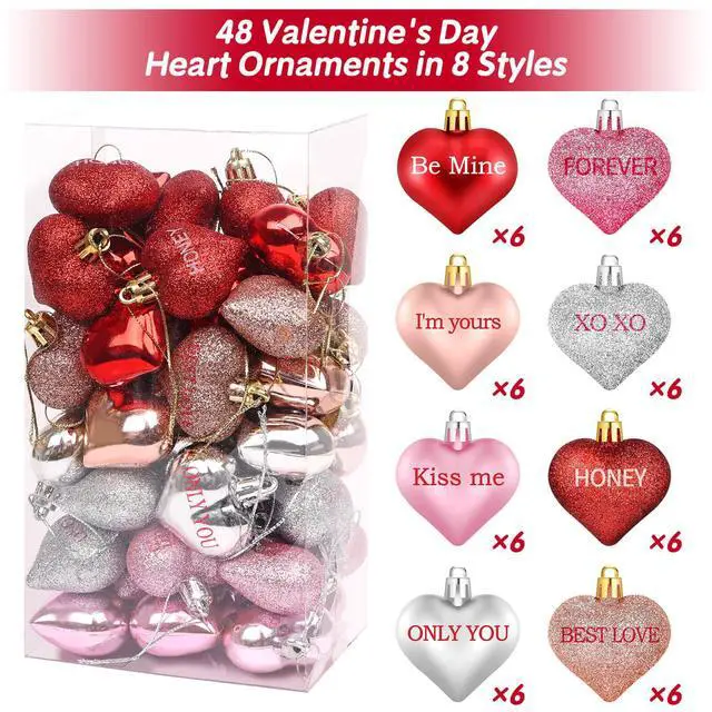 Alt view image 3 of 7 - 48 Pcs Valentine's Day Heart Ornaments for Tree, Valentines Heart Baubles with Sweet Love Words for Romantic Valentine Decorations, 8 Styles