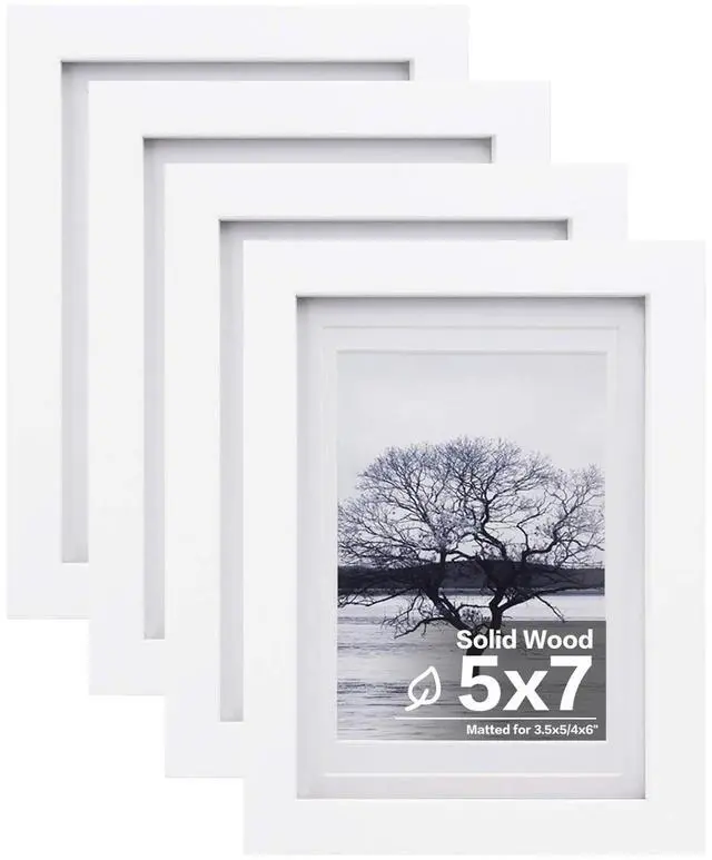 Main image of 5x7 Picture Frames Set of 4, Made of Solid Wood Covered by Plexiglass 3.5x5 and 4x6 with Mat or 5x7 without Mat, for Table Top Display and Wall Mounting Photo Frame White