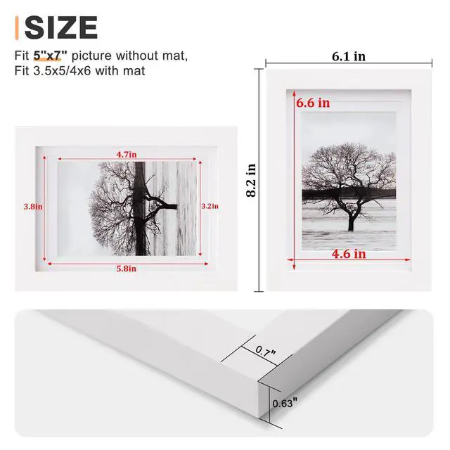 Alt view image 3 of 7 - 5x7 Picture Frames Set of 4, Made of Solid Wood Covered by Plexiglass 3.5x5 and 4x6 with Mat or 5x7 without Mat, for Table Top Display and Wall Mounting Photo Frame White